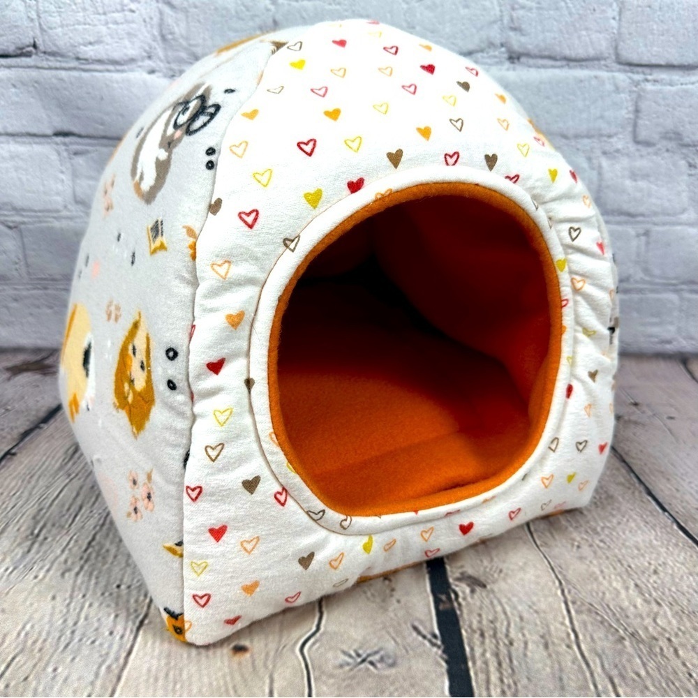Guinea Pig Handmade Hut Bed Soft Flannel Fleece Hearts Bearded Dragon Rust Cream